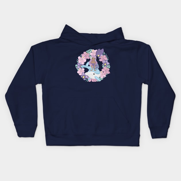 Mermaid dolphin floral ring Kids Hoodie by Mako Design 